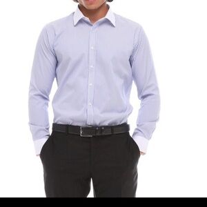 Men's‎ Blue Striped Dress Shirt: White Collar, Slim Fit NEW Size M